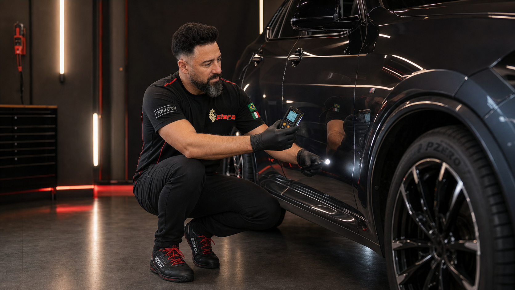 Anderson durante la diagnosi tecnica della superficie di un veicolo