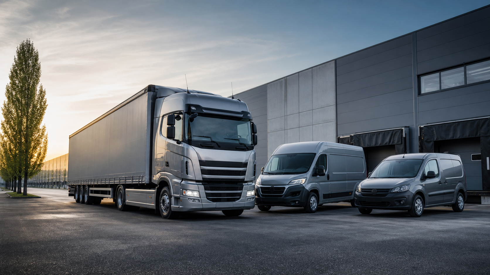 Camion e veicoli commerciali in una moderna area logistica
